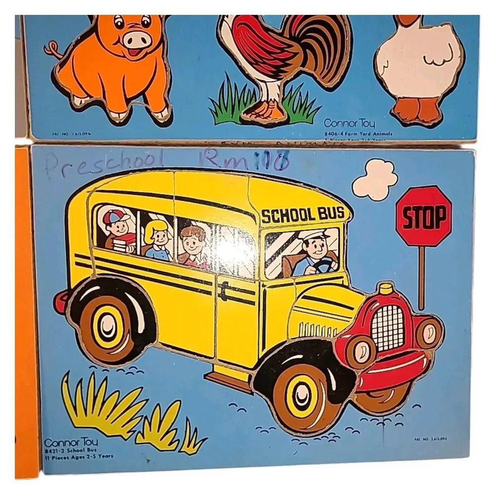 4 Vintage Connor Toy‎ Wooden Board Puzzles Animals Vehicles Bus Helicopter